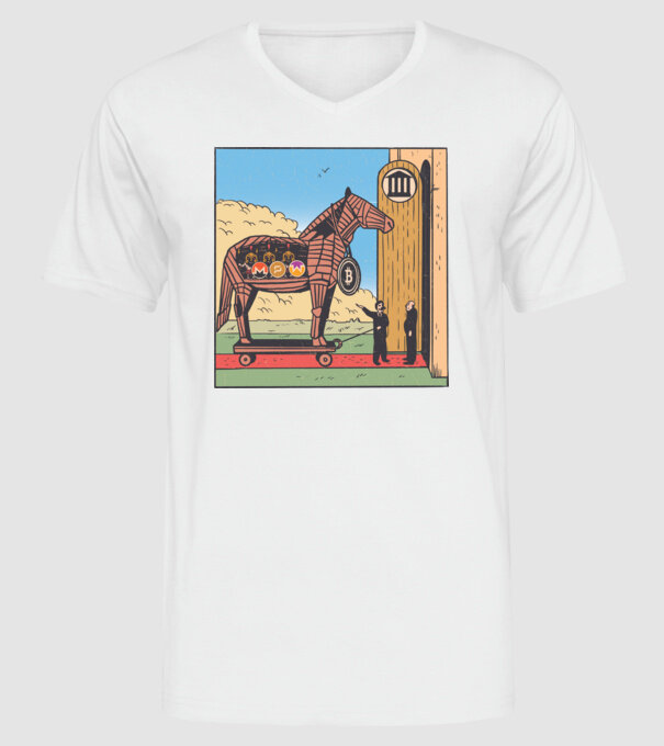 Cal troian Bitcoin model alb pe tricou