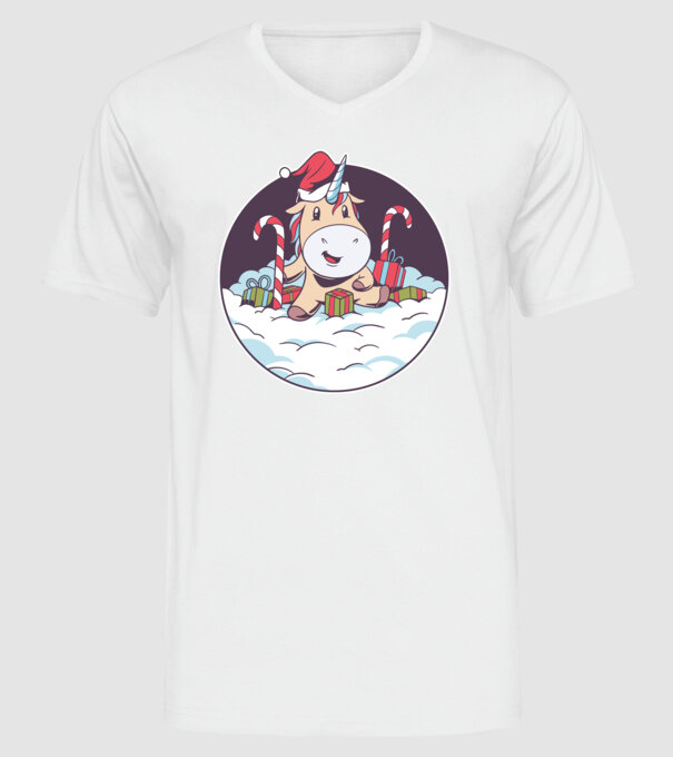 Unicorn Moș Crăciun cu cadouri model alb pe tricou