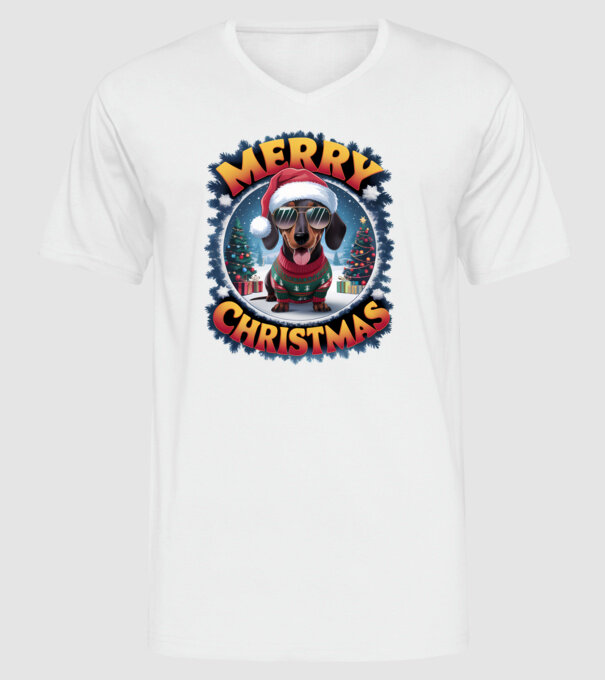 Merry Christmas Teckel model alb pe tricou