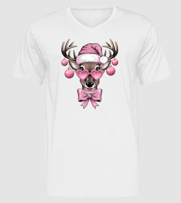 Pink Xmas Reindeer model alb pe tricou