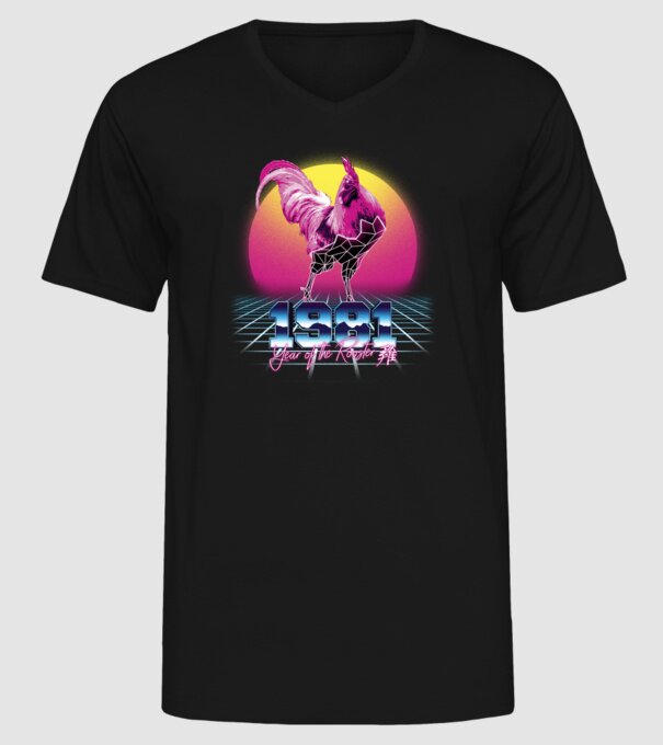 1981 Year of the Rooster model negru pe tricou