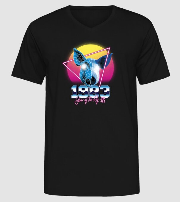 1983 Year of the Pig model negru pe tricou