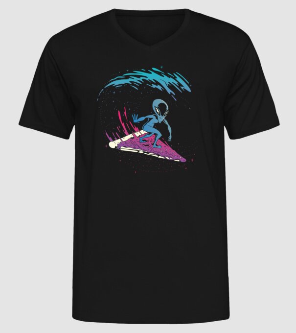 Alien Pizza Surf tricou amuzant model negru pe tricou