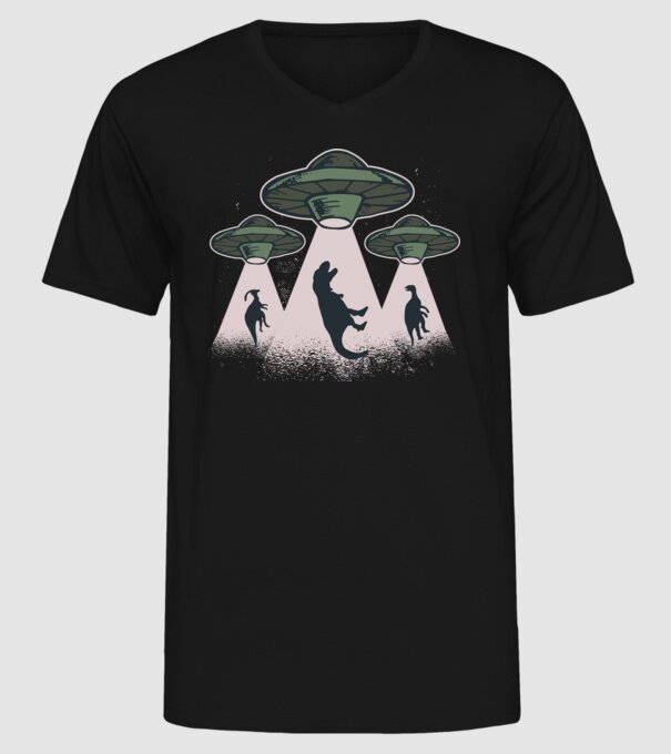 Alien OZN dinozaur model negru pe tricou