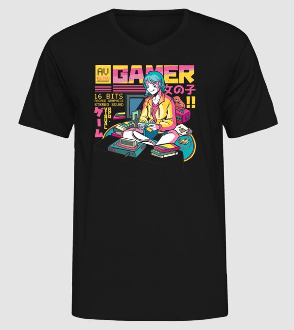 Anime fată Gamer model negru pe tricou