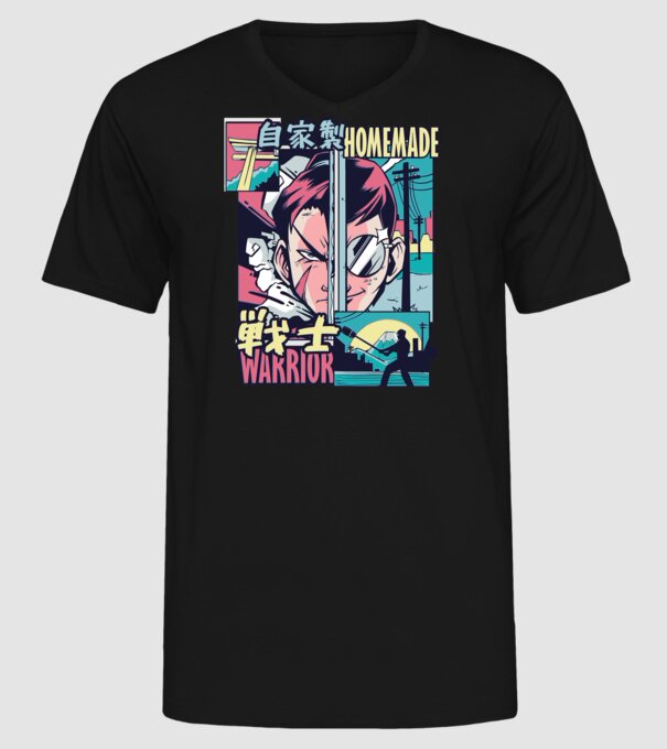 Anime Vaporwave Home Made Warrior model negru pe tricou