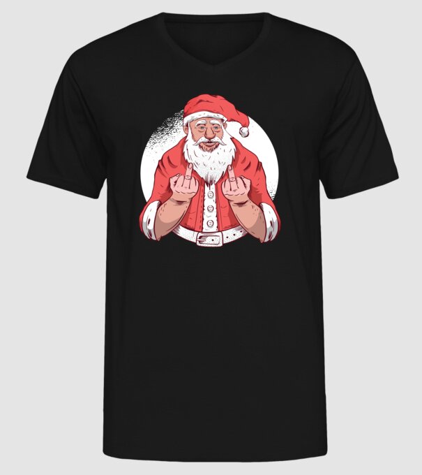 Moș Crăciun antisocial arată degetul model negru pe tricou