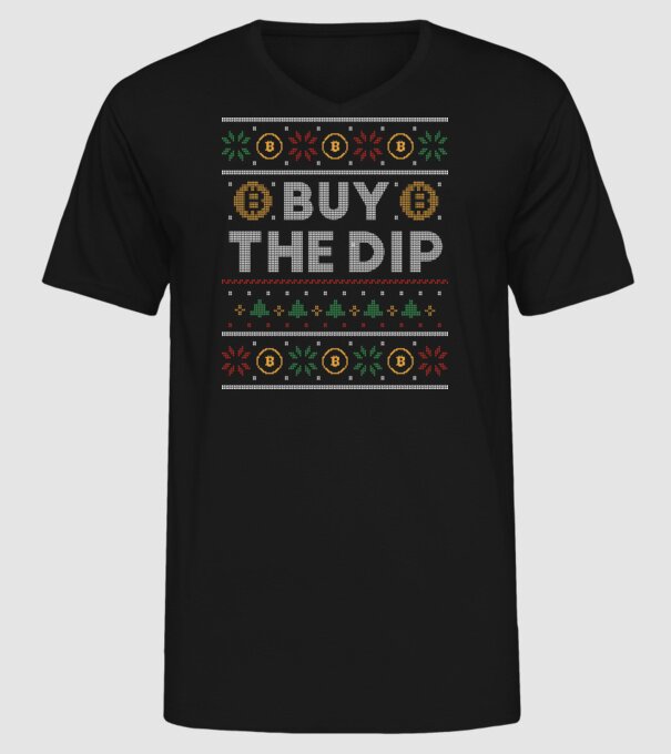 Buy the Dip Bitcoin Ugly Sweater model negru pe tricou