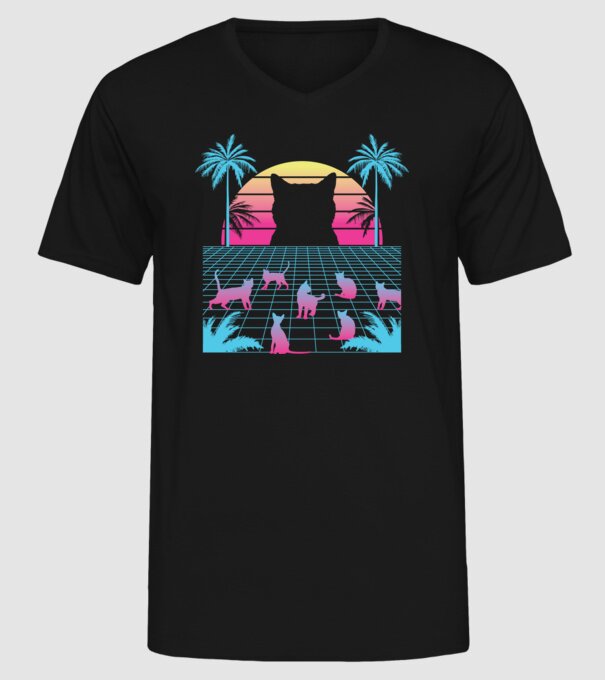 Pisică Vaporwave neon model negru pe tricou