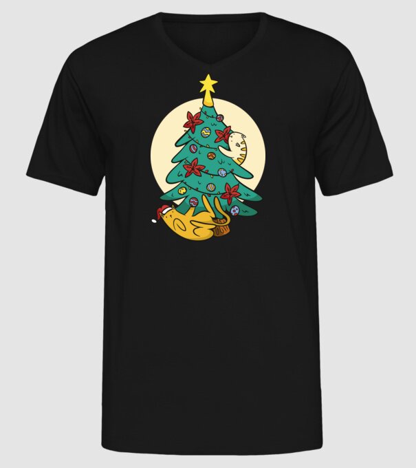 Crăciun cu pisică model negru pe tricou