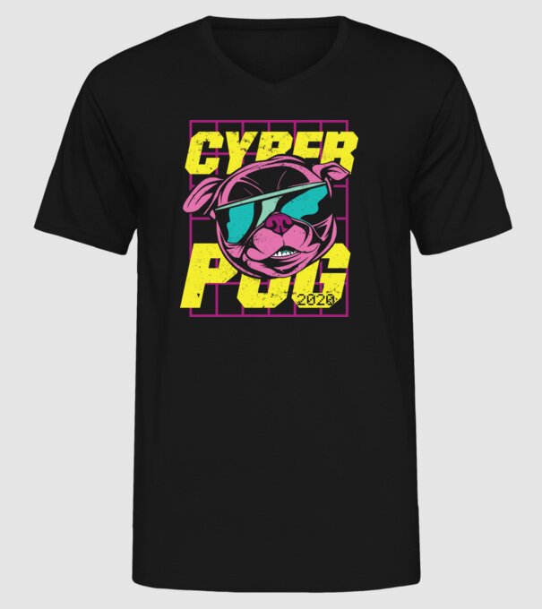 Mops Cyber Pug model negru pe tricou