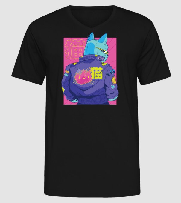 Pisică Cyberpunk model negru pe tricou
