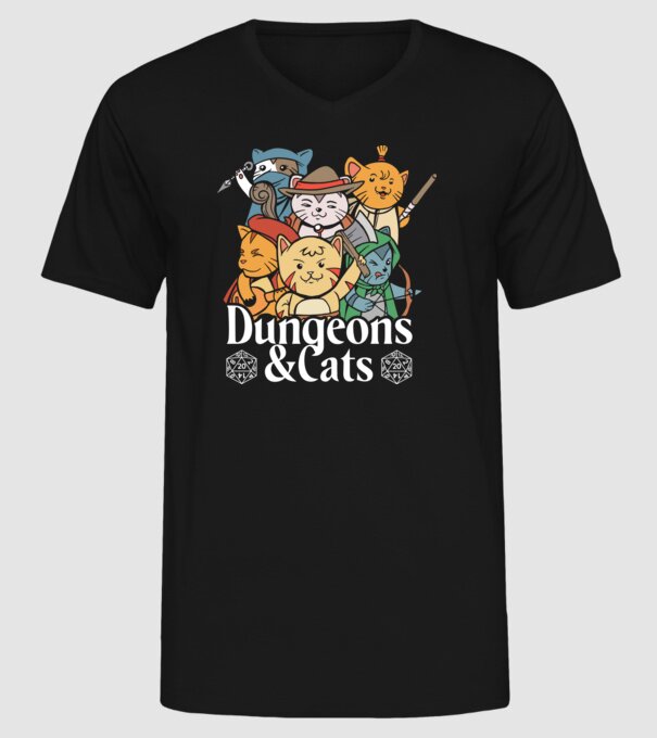 Dungeons and Cats - Joc de rol cu pisici model negru pe tricou