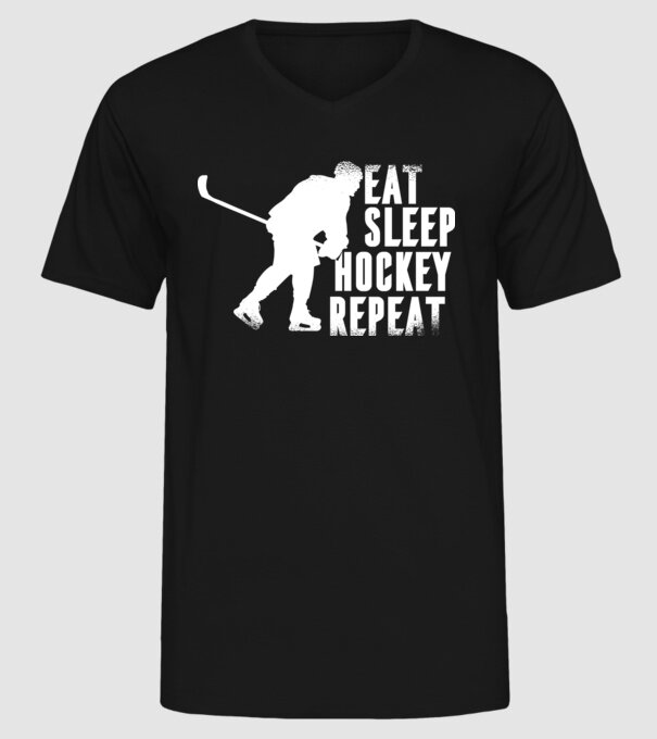 Eat Sleep Hockey Repeat model negru pe tricou