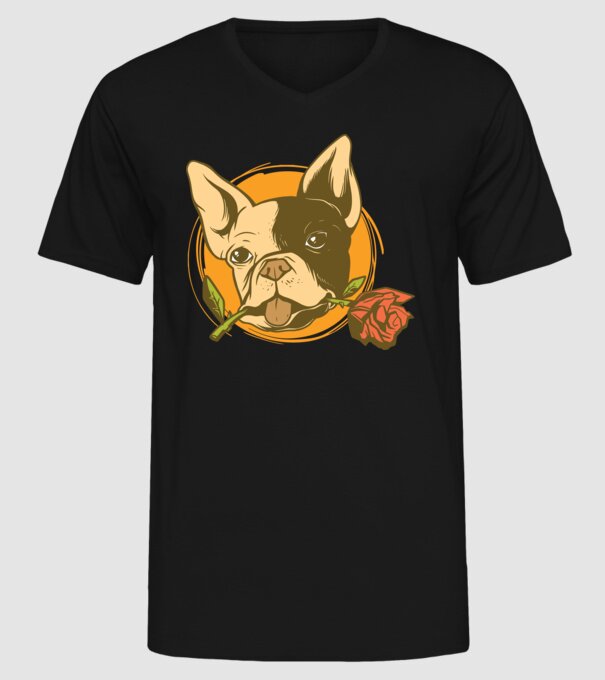 Bulldog francez cu trandafir model negru pe tricou
