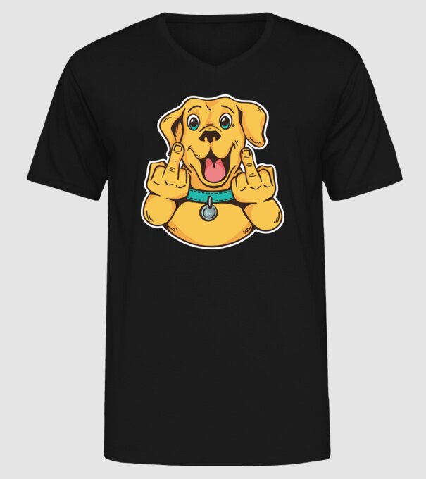 Golden Retriever arată degetul model negru pe tricou