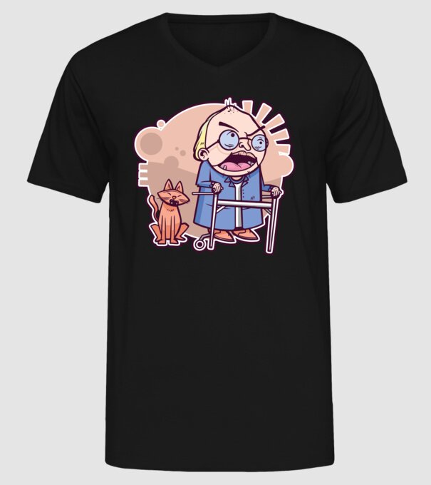Bunic în vârstă cu pisică model negru pe tricou