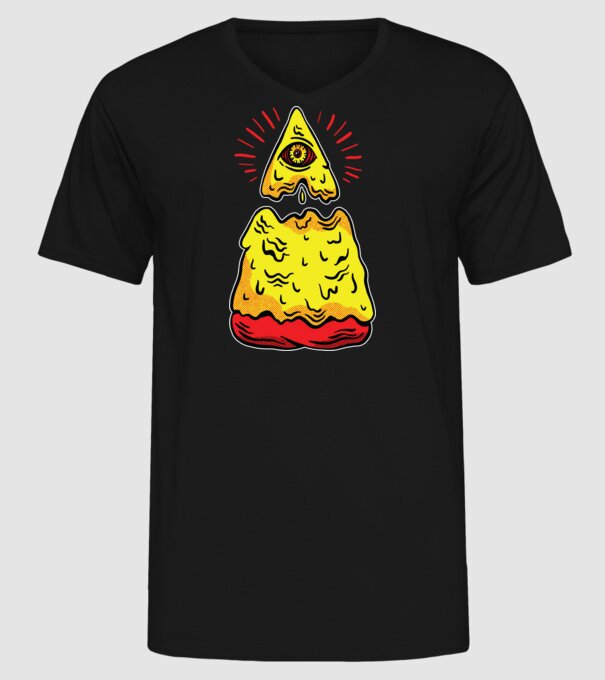 Illuminati Pizza model negru pe tricou