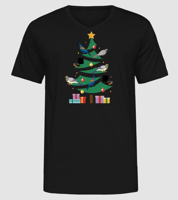 Pom de Crăciun cu păsări model negru pe tricou