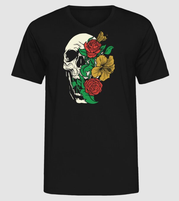 Trandafir craniu model negru pe tricou