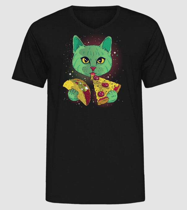 Pisică Cosmică Pizza și Taco model negru pe tricou