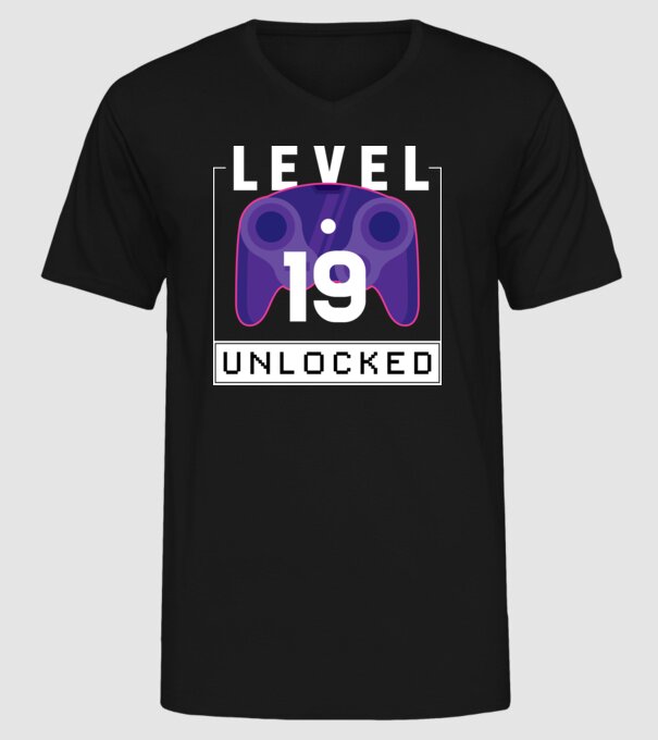 Level 19 Unlocked Gamer Birthday model negru pe tricou