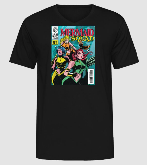 benzi desenate Mermaid Squad model negru pe tricou