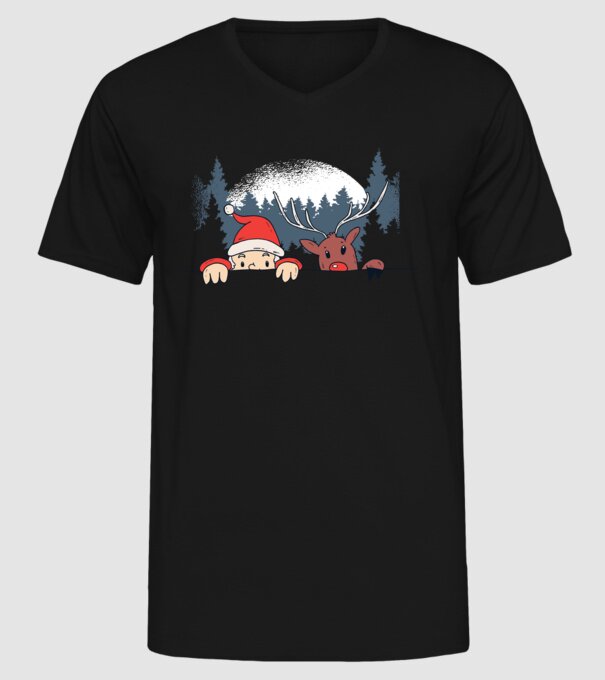 Moș Crăciun și Rudolf trag cu ochiul model negru pe tricou