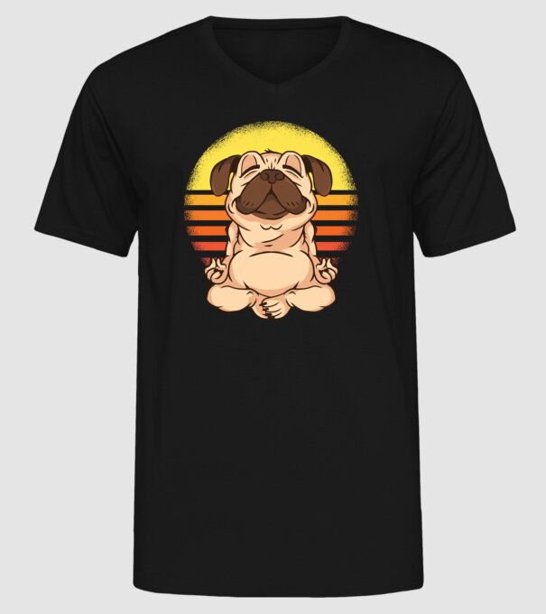 Mops Yoga tricou model negru pe tricou