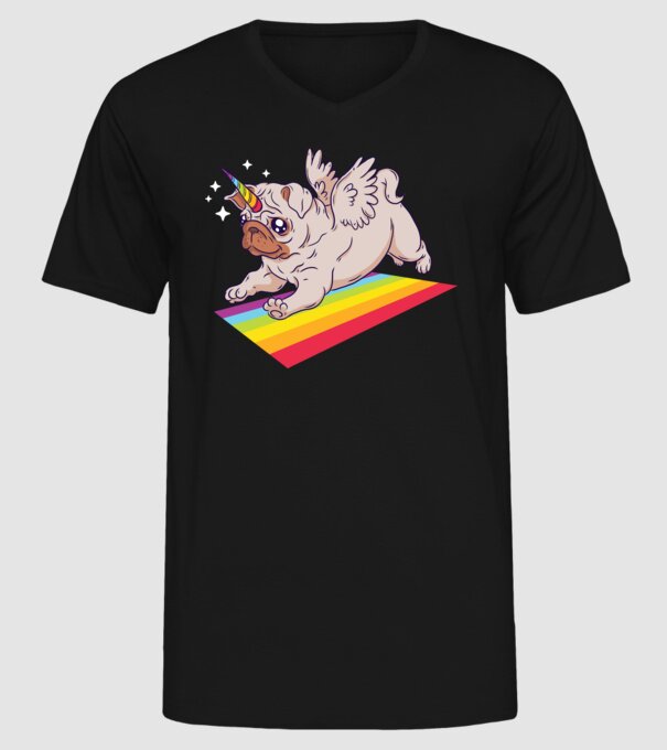 Mops unicorn model negru pe tricou