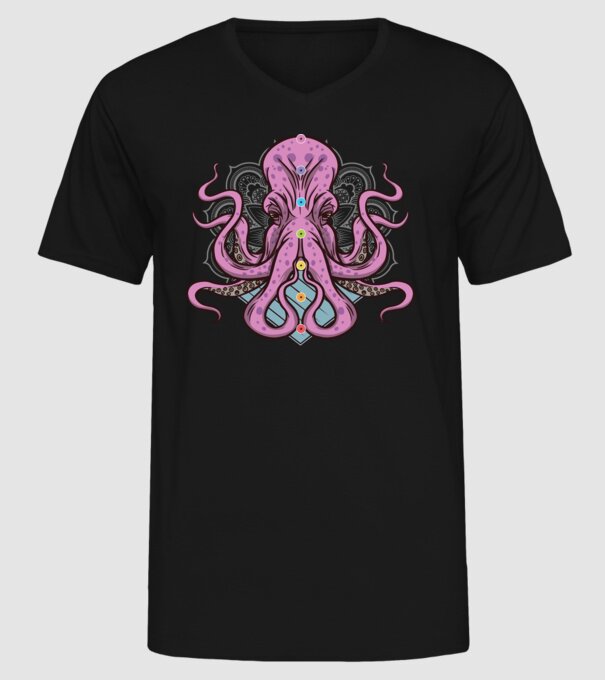 Yoga Octopus model negru pe tricou