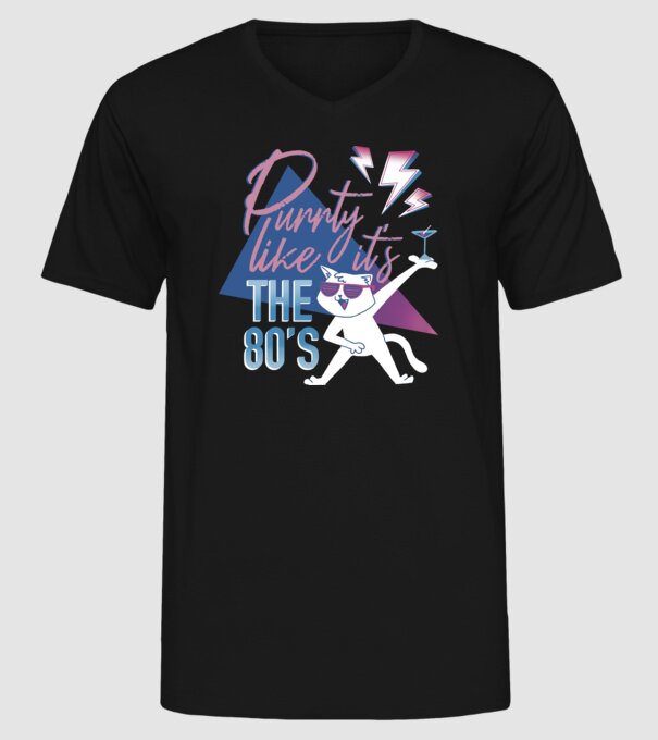 'Purrty Like it''s the 80''s' model negru pe tricou
