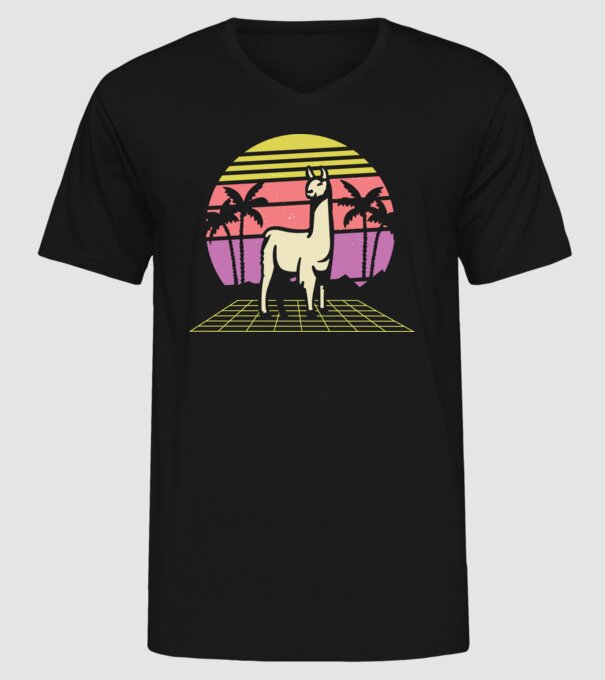 Lama Retro model negru pe tricou