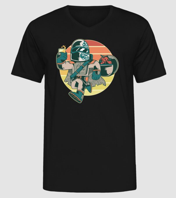 Războinic Mandalorian Retro model negru pe tricou