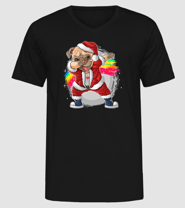 Santa Mops Moș Crăciun model negru pe tricou