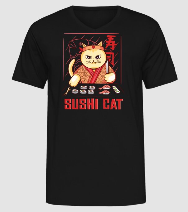 Pisică Sushi model negru pe tricou