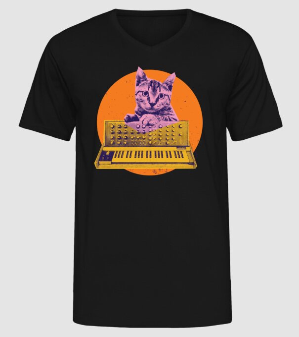 Pisică cu sintetizator model negru pe tricou