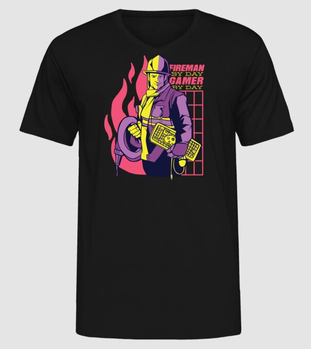 Pompier ziua, Gamer noaptea model negru pe tricou
