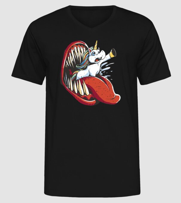 În gura monstrului Unicorn model negru pe tricou