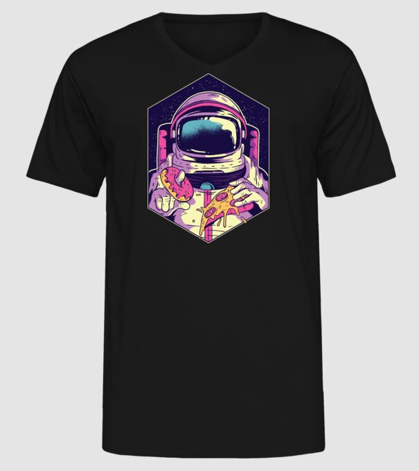 Astronaut Gogoașă și Pizza model negru pe tricou