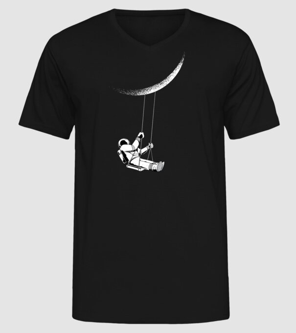 Astronaut care se dă în leagăn pe lună model negru pe tricou