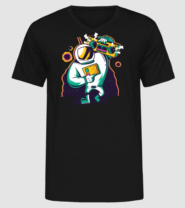 Astronaut cu casetofon model negru pe tricou