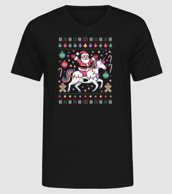 Moș Crăciun pe un pulover urât unicorn model negru pe tricou