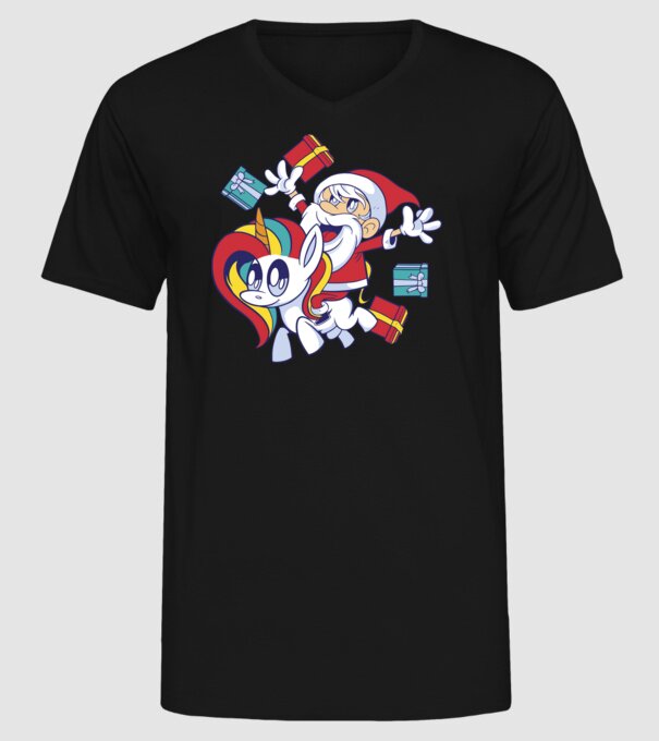 Moș Crăciun pe un unicorn model negru pe tricou