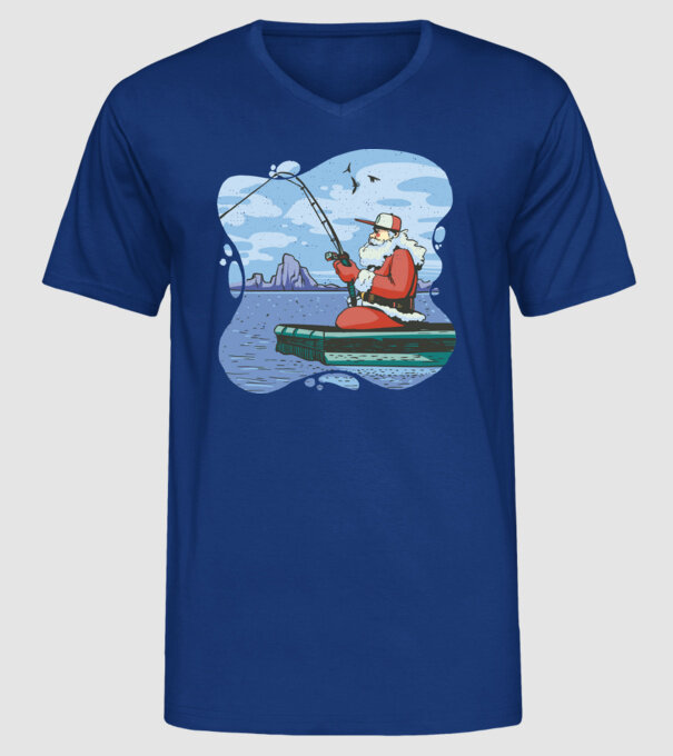 Moș Crăciun la pescuit model albastru regal pe tricou