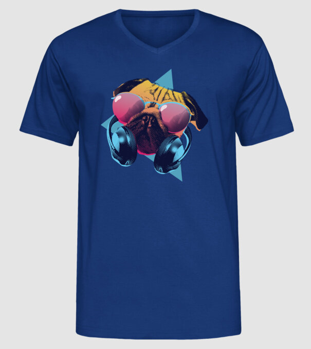 Mops cu căști model albastru regal pe tricou