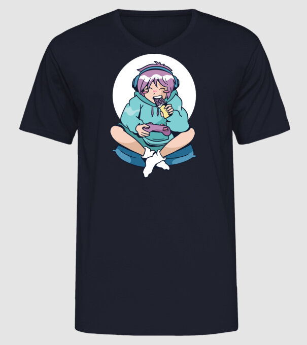 Anime Gamer Fată cu ciocolată model albastru închis pe tricou