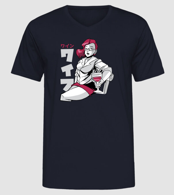 Anime fată cu vin model albastru închis pe tricou