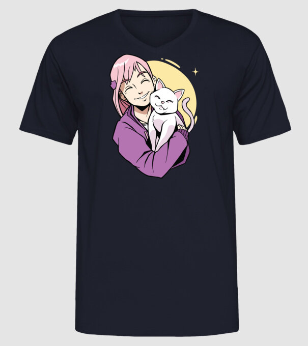 Anime fată cu pisică model albastru închis pe tricou