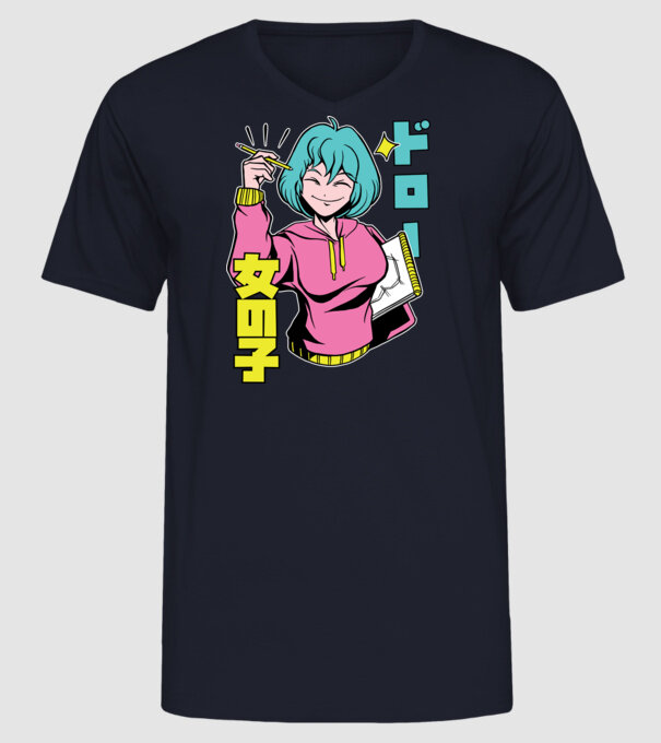 Anime fată desenând model albastru închis pe tricou
